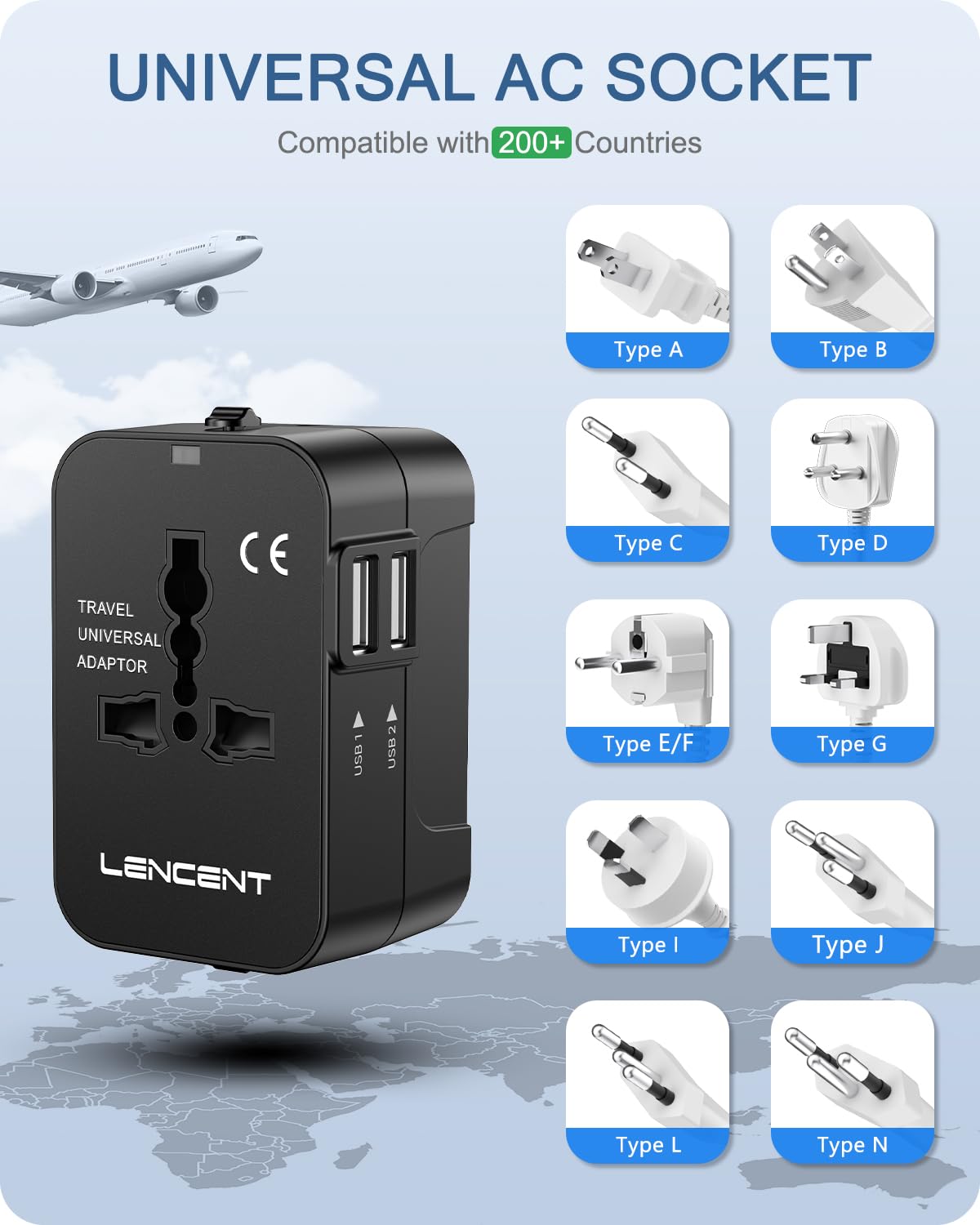 Adattatore Universale da Viaggio, LENCENT All in One Caricatore Adattatore di Alimentazione Internazionali con Doppia Porta Caricabatterie USB per USA UK Americane oltre 150 i Paesi nel Mondo