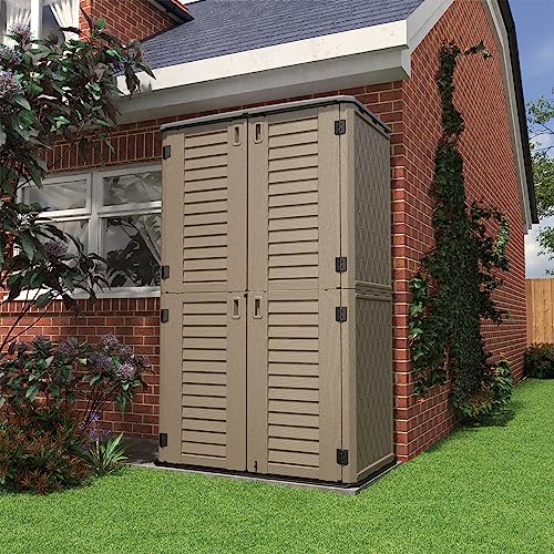 Image of KINYING Sheds & Outdoor Storage, 66 cu.ft Vertical Outdoor Storage Cabinet, Resin Storage Sheds Outdoor with Floor for Garden Tools,Patio Furniture,Garbage Cans(Brown Color)