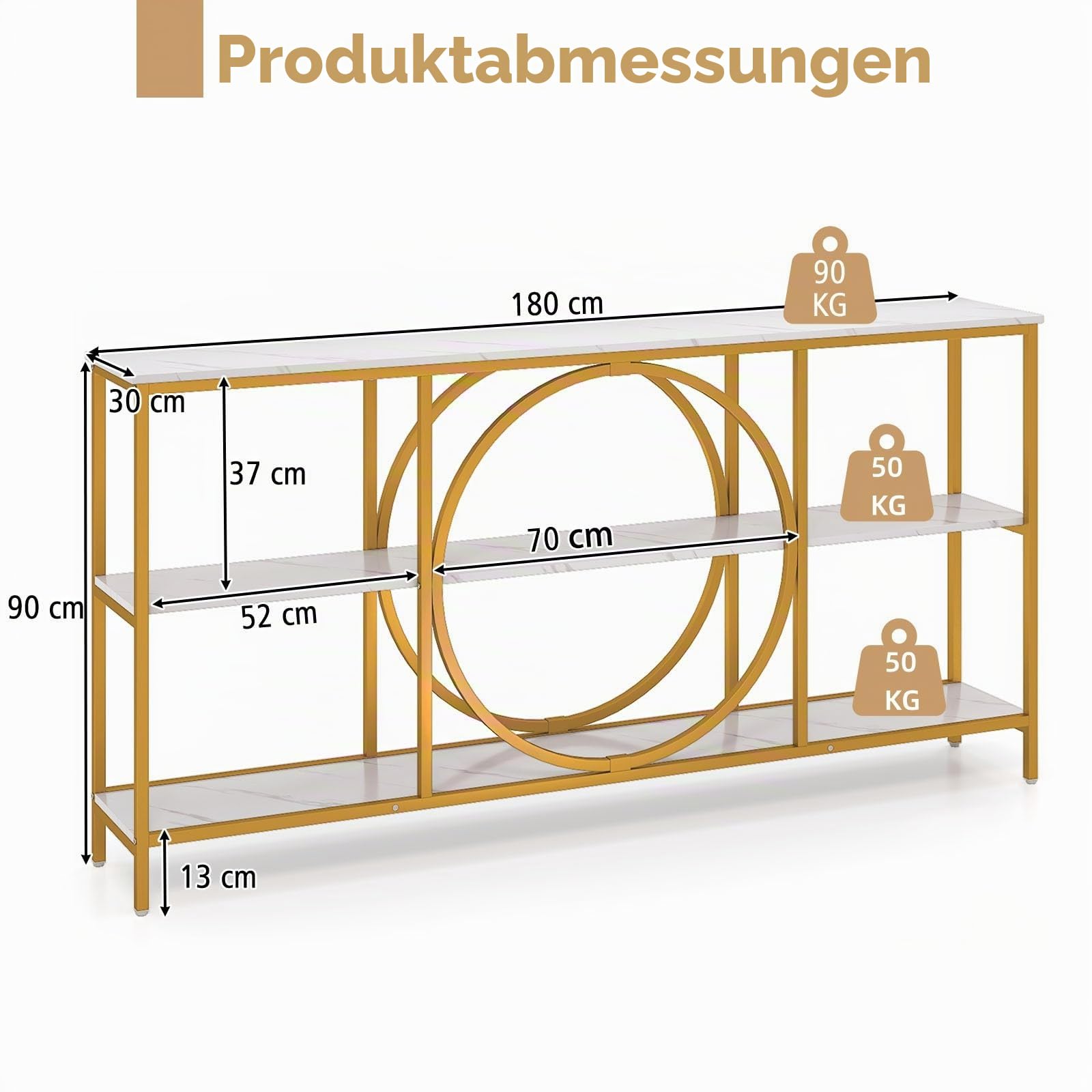 LIFEZEAL 180 cm Konsolentisch, 3-stöckiger Flurtisch Eingangstisch, Schmaler Beistelltisch Sofatisch mit Metallbeinen für Wohnzimmer, Flur, Eingang (Weiß + Golden)