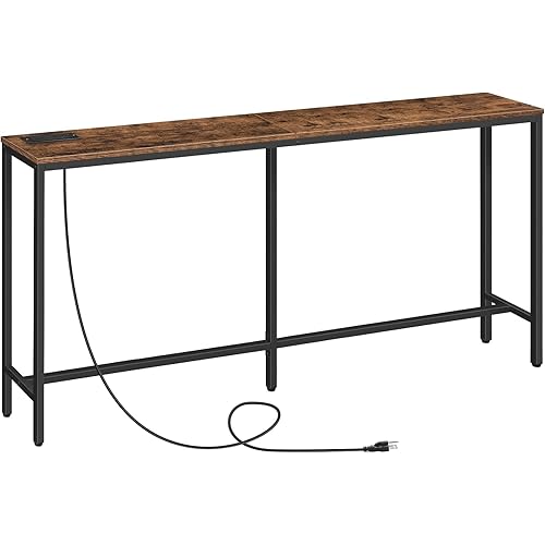 63" Console Table with Power Outlet, Narrow Sofa Industrial Entryway Behind Couch Table with USB Ports for Entryway, Hallway, Foyer, Living Room, Bedroom, Rustic Brown CTHR16E01Z