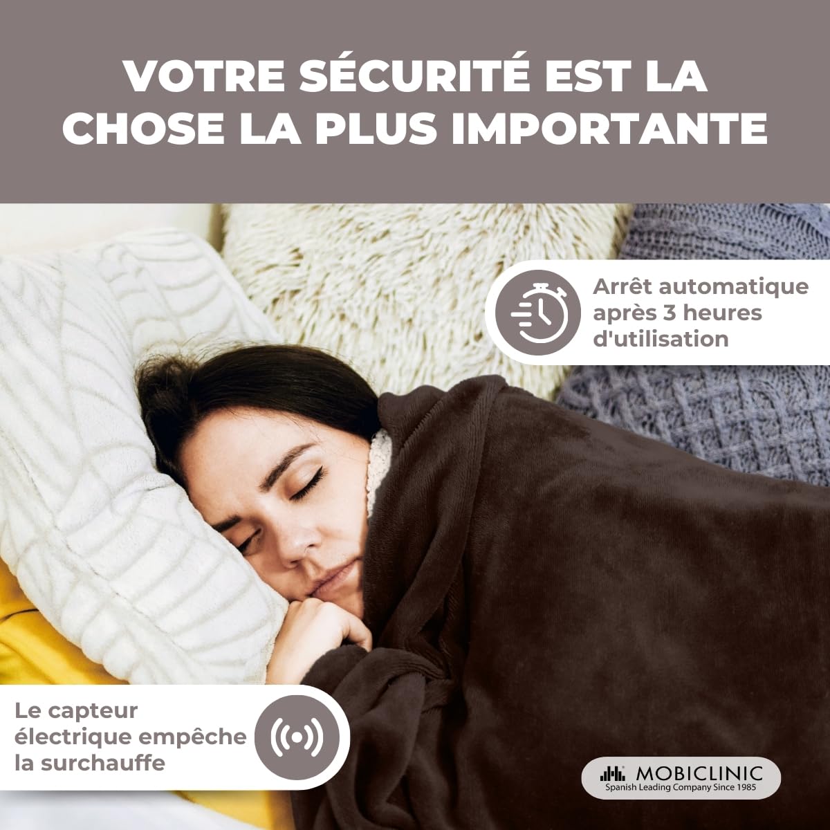 Mobiclinic, Couverture chauffante, Plaid Chauffant, Très Faible consommation, 160x120 cm, Commande Amovible, 3 Niveaux de Chaleur, Chauffage Rapide, Lavable en Machine, Arrêt Automatique