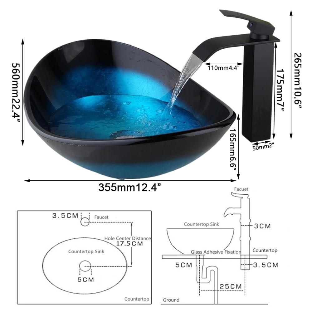 Llave de la Cuarto de baño Vessel – Set de fregadero Contemporáneo Estilo vidrio Templado + Juego + cromo tapón de drenaje 2