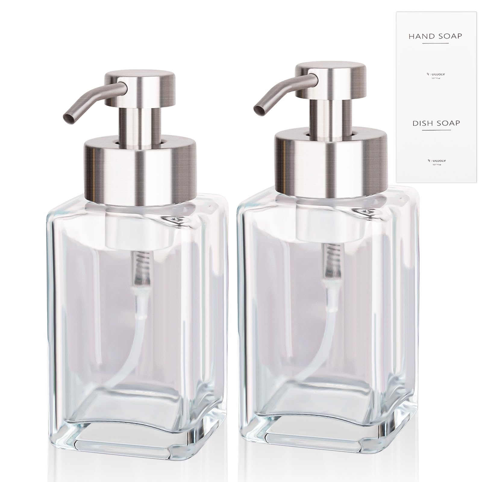 Foaming Soap Dispenser with Stainless Steel Pump, 12oz Refillable Glass Liquid Dish Soap Bottles for Bathroom, Kitchen Sink, Home Decor, 2 Pack