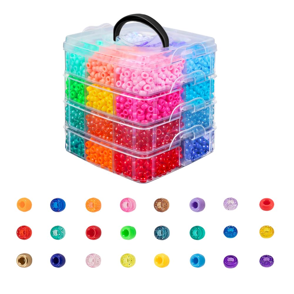4800Pcs Pony Beads, 24 Colors Plastic Bead Bulk for Creating Bracelets Crafts Hair Beads Kandi Friendship Jewelry DIY Making, Craft Days Gifts, Boxed Easy to Store (Large)