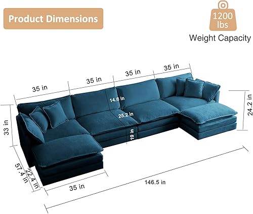 Miniatura 2 de KIVENJAJA Sofá modular en forma de U de gran tamaño, sofá nube de felpilla de 4 plazas con 2 otomanastumbonas y 6 almohadas para sala de estar,