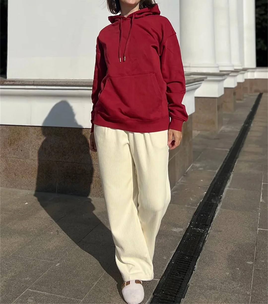 Fnfmrfmr Damskie solidne bluzy z kapturem oversize kieszeń na co dzień luźna bluza bawełniana długie rękawy sweter