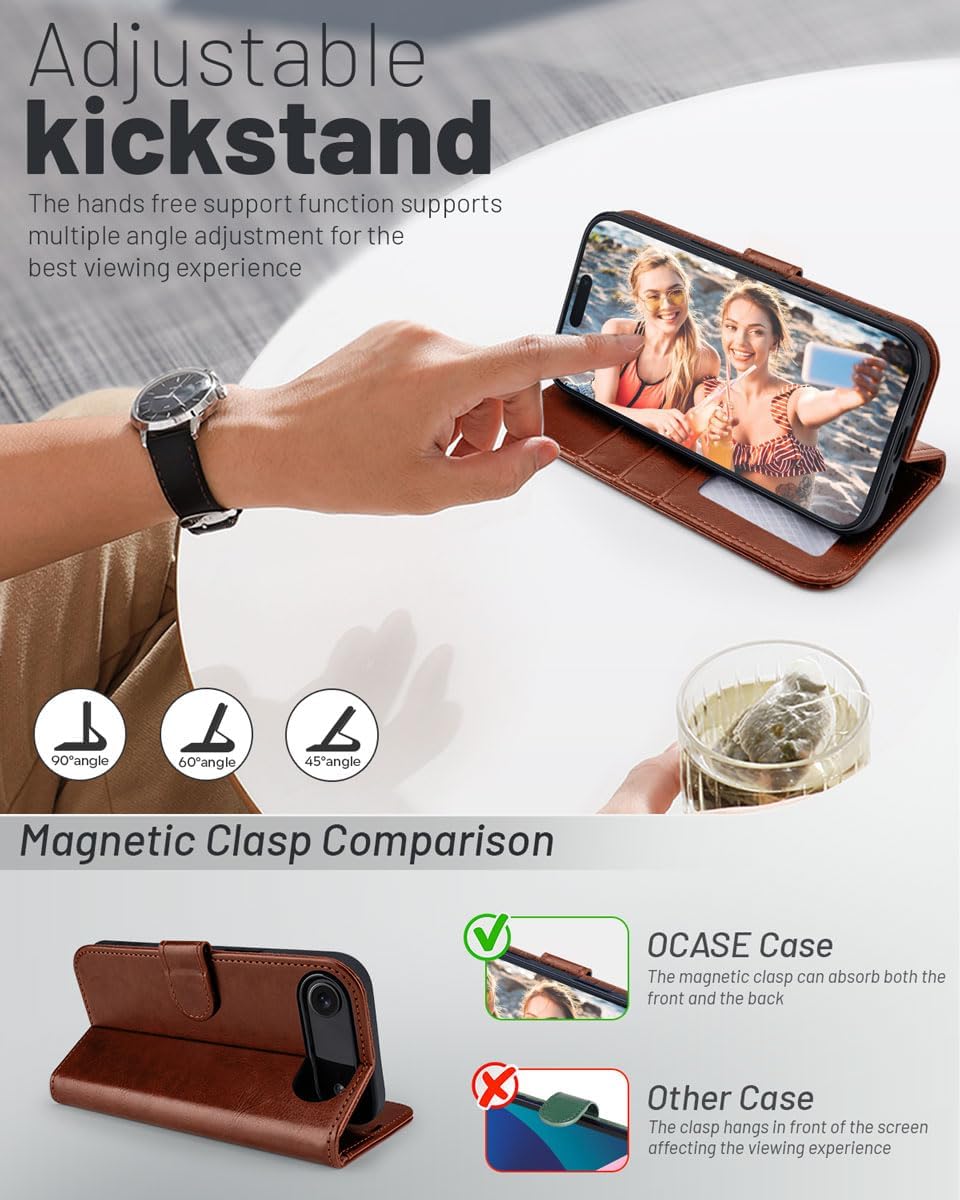 OCASE Compatible with iPhone Air Wallet Case, PU Leather Flip Folio Case with Card Holders RFID Blocking Kickstand [Shockproof TPU Inner Shell] Phone Cover 6.5 Inch 2025, Dark Brown