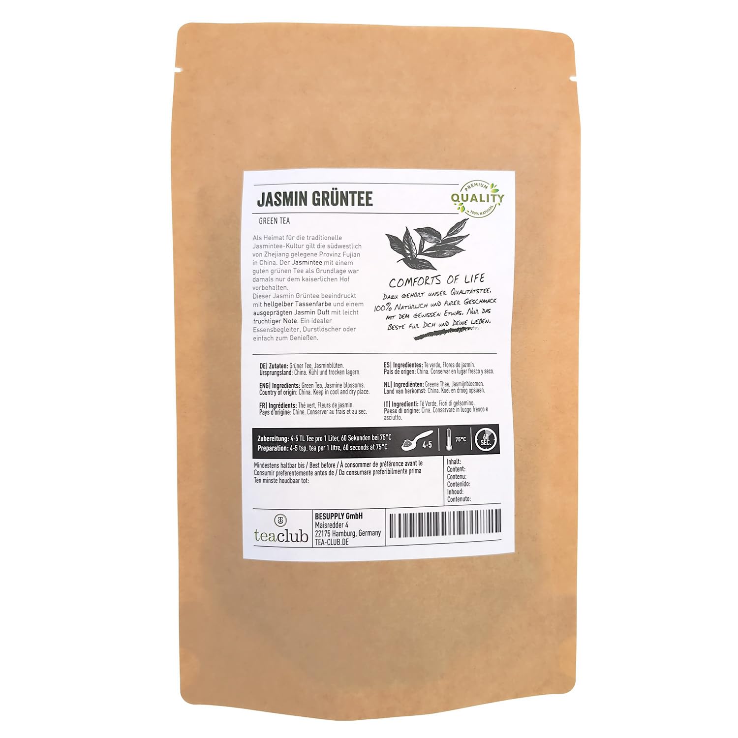 TeaClub Té de Jazmín a Granel 100g – Té Verde con Jazmín Real | Té verde aromatizado naturalmente con flores de jazmín reales, a granel, aroma floral-afrutado