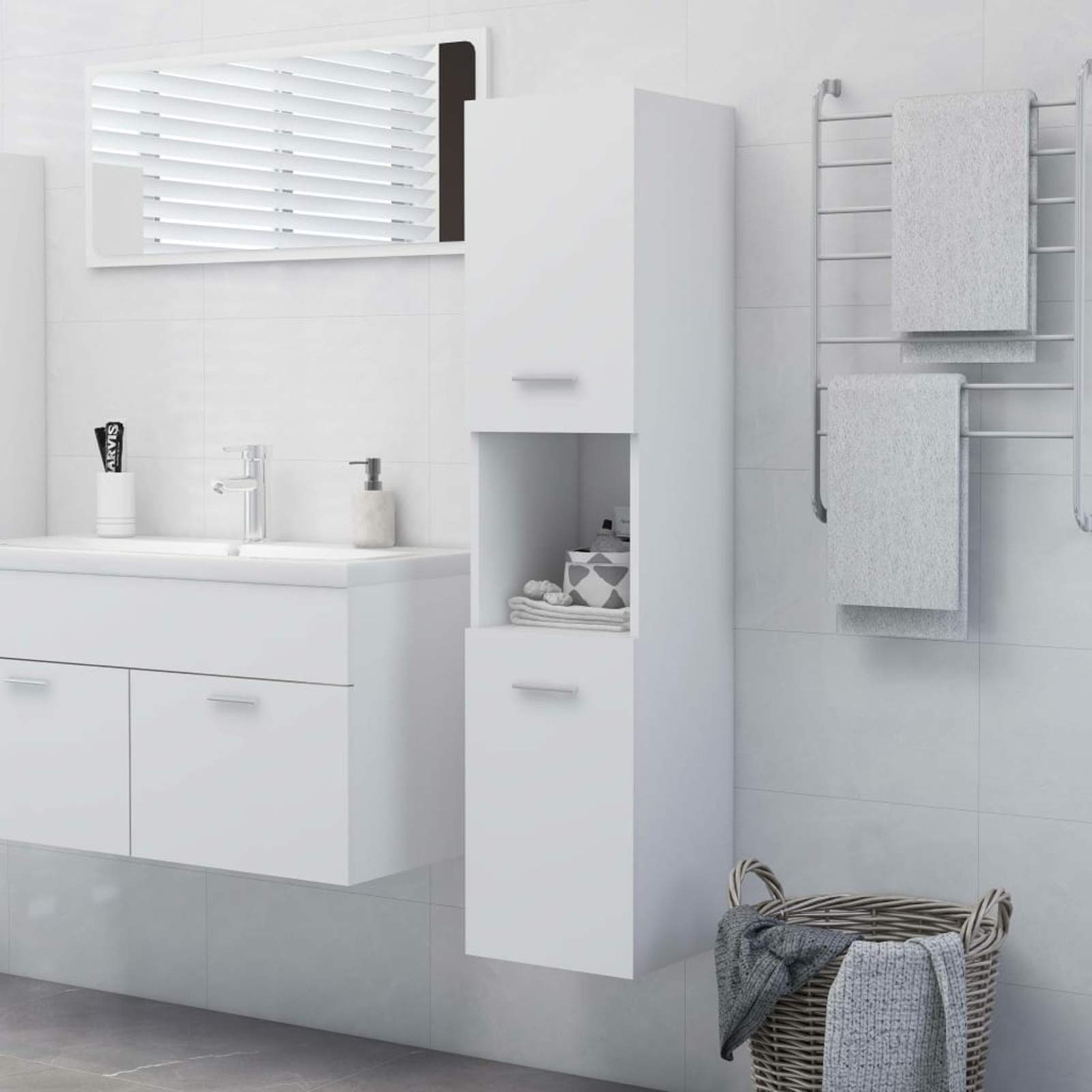Armario baño Columna de Baño Suspendido 2 Puertas, Mueble Lavabo, Medidas: 30 x 30 x 130 cm