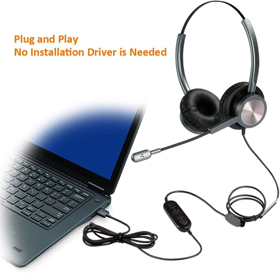 USB Headset with Microphone for PC Laptop, Computer Headset Headphones with Mic Noise Cancelling in-line Controls for Home Office Call Center Business Softphones Teams Zoom Skype Online Class and More
