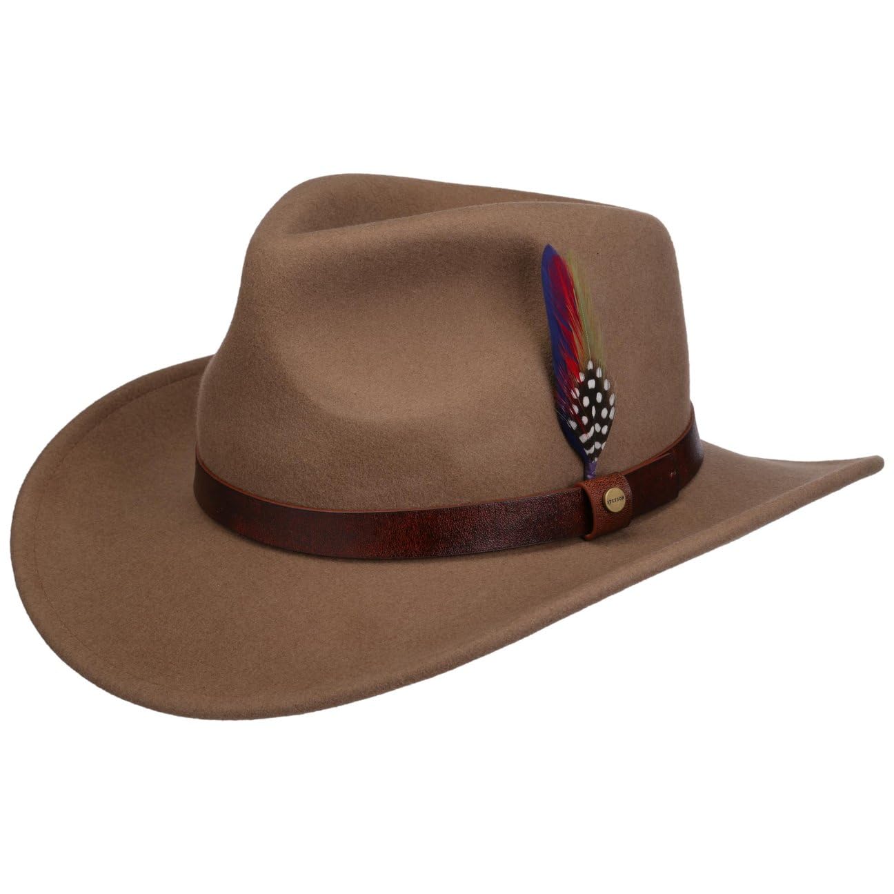 Stetson Oklahoma Wollfilz Westernhut Herren 100% wasserabweisender Filz Asahi Guard ultraleichter knautschbarer Hut mit Feder Lederband Sommer Winter