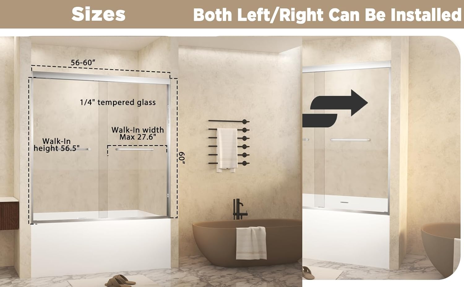Bathroom Double Sliding Shower Door, Durable Tempered Glass Sliding Shower Door with Aluminum Frame and Stainless Steel Handle, 56-60" W x 60" H, 1/4 (6 mm), Easy Assembly, Brushed Nickel