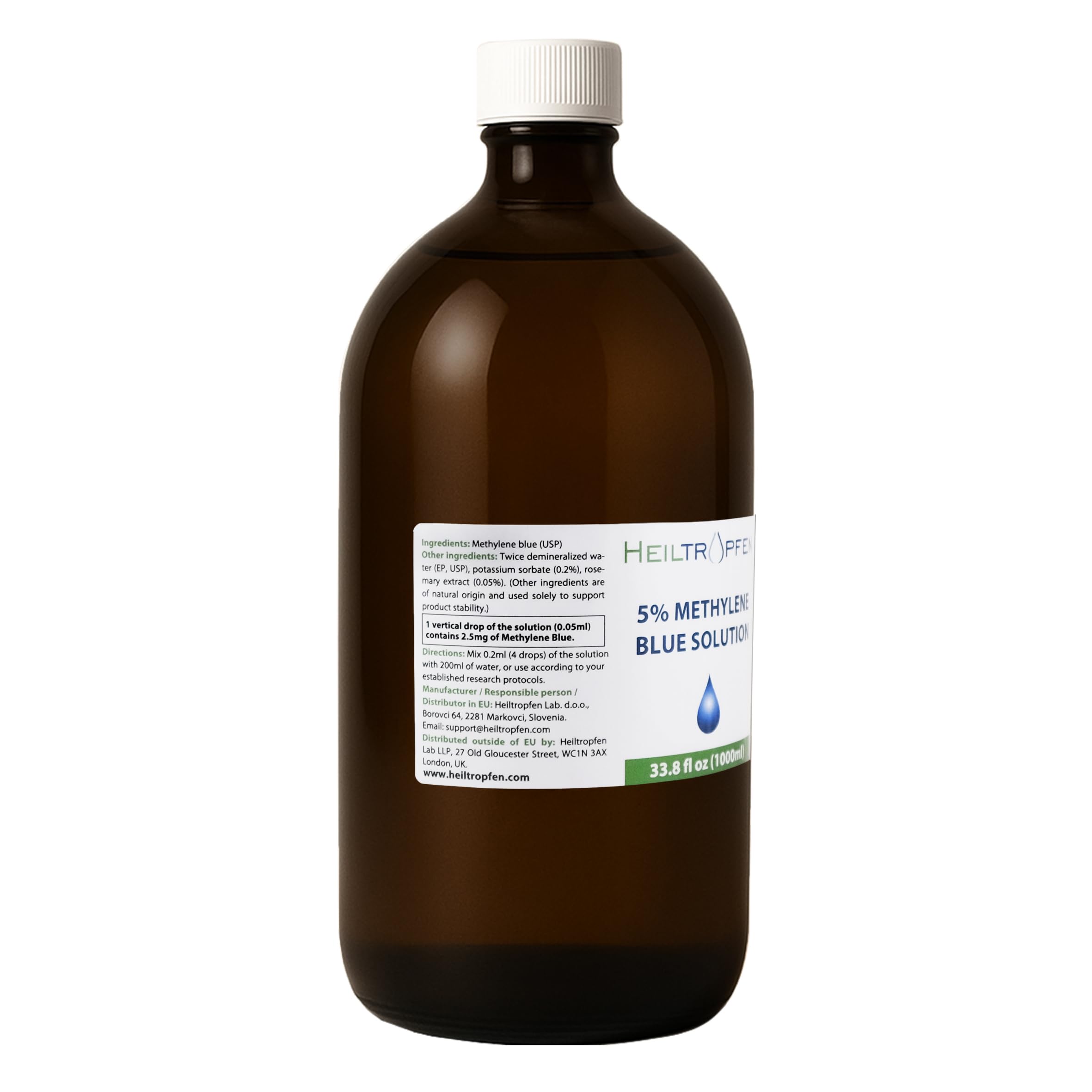 Solución de azul de metileno al 5%, 1000 ml | Ultraalta pureza | Ingredientes de grado farmacéutico USP - Probado por terceros | Sin formaldehído | Envase de vidrio | Heiltropfen