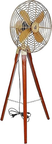 ANTIQUECOLLECTION Ventilador de trípode estilo vintage de latón antiguo con soporte, ventilador de piso náutico decorativo para el hogar