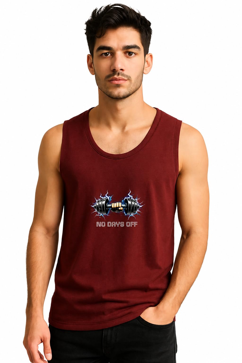 Men's Round Neck Cotton Sleeveless Vest | No Days Off Graphic Printed Tank Top | Lightweight Muscle Tee for Gym, Running, Training & Casual Wear-image-2