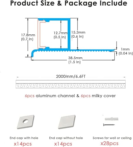Miniatura 2 de Canal LED de yeso, paquete de 6 tiras de aluminio con borde de moldura de 6.6 pies6.6ft, canal de aluminio, para paneles de yeso empotrados sin