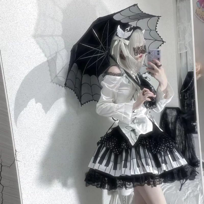 Womens Pleated Y2k Cute Skirt Elastic Waist Black and White Piano Key Trendy Polka Dot Lace Lotus Skirt4