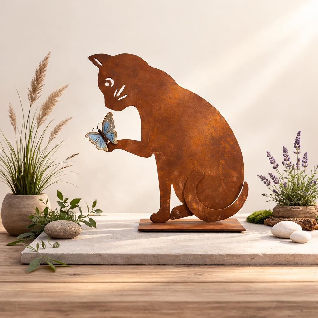 Keyhomestore | Gatto con Farfalla in Ferro Corten Marrone Ruggine (27x28x8 cm)