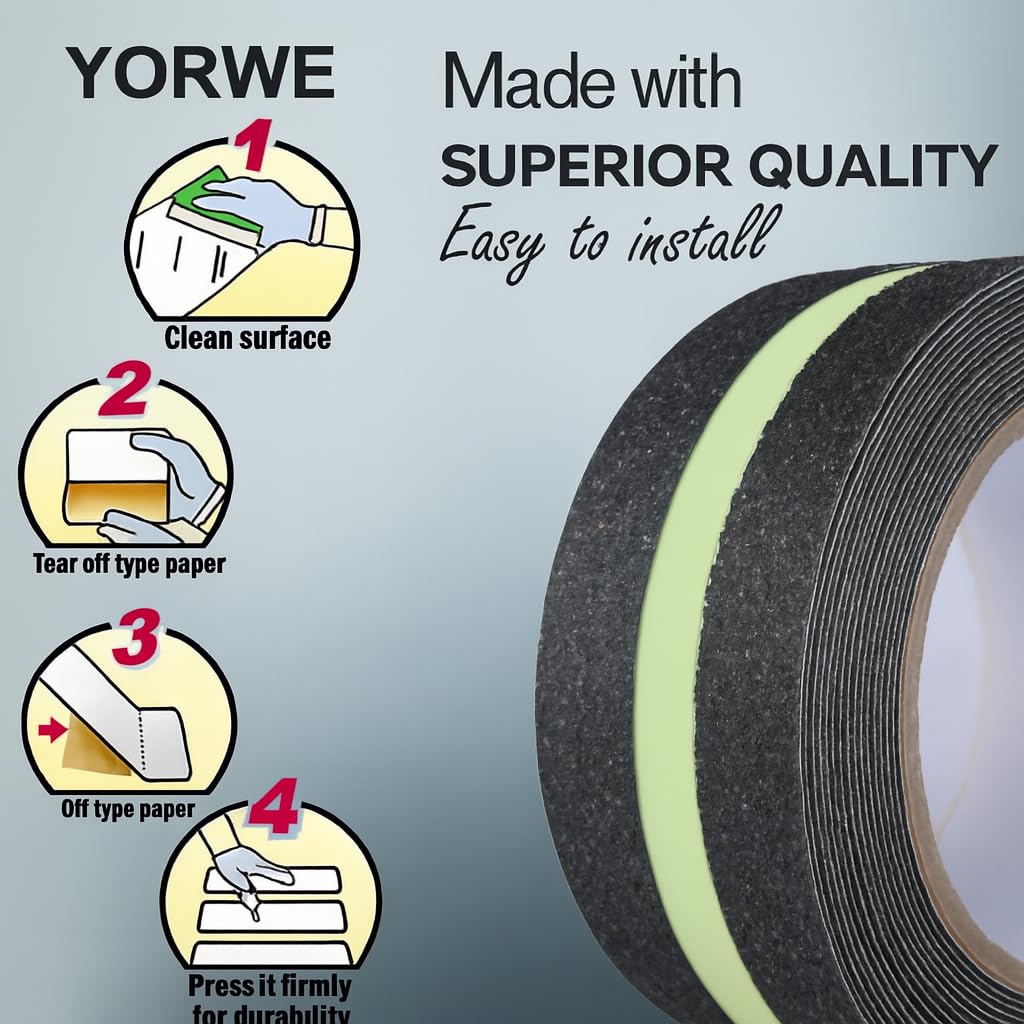 Yorwe Anti Slip Tape for Stairs Waterproof – Non-Skid Safety Gripper Tape for Home Steps, Glow in the Dark Floor Stickers, Anti Skid Tape for Tiles, Surface, and Bat (50MM x 5 Meter) - Image 2 thumbnail