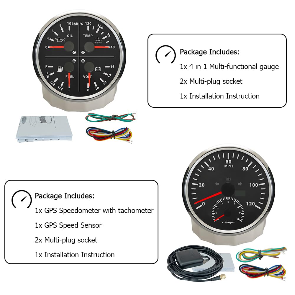ELING Tachometr GPS 110 mm, 0-120 MPH z obrotomierzem 0-8000 obr./min, obrotomierz z wielofunkcyjnym urządzeniem pomiarowym 4 w 1, 12 V z podświetleniem tła z alarmem do motocykli limuzyn
