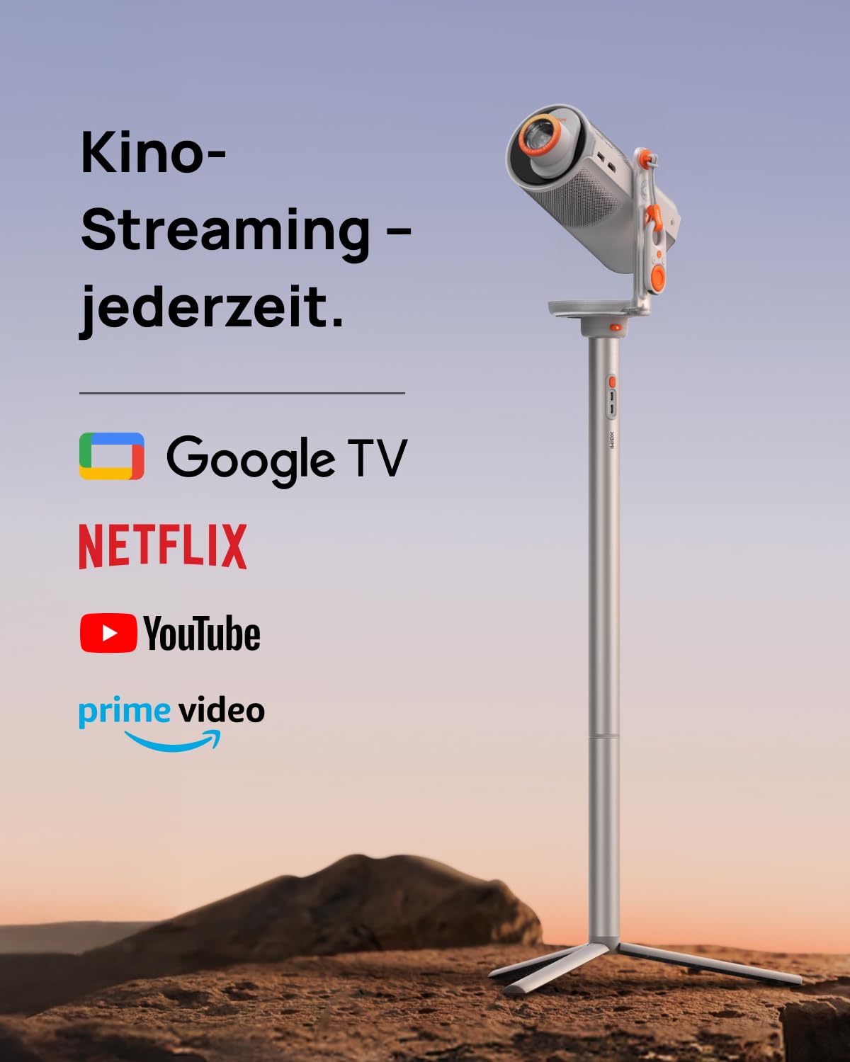 XGIMI MoGo 4 Mini Beamer Set mit Akku – Smart Outdoor Heimkino mit PowerBase-Ständer, 5h Laufzeit, Google TV & Netflix, 360° Ständer, 450 ISO-Lumen, 2×6W Harman Kardon