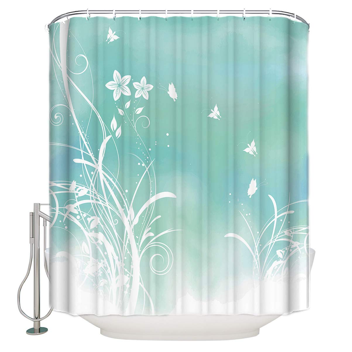 RainbowDay Shower Curtain Waterproof Shower Curtains in Bath with 12 Hooks Teal Flowers Butterflys Washable Decorative Shower Curtain for Bathroom/Shower/Tub,72 x 96 Inch