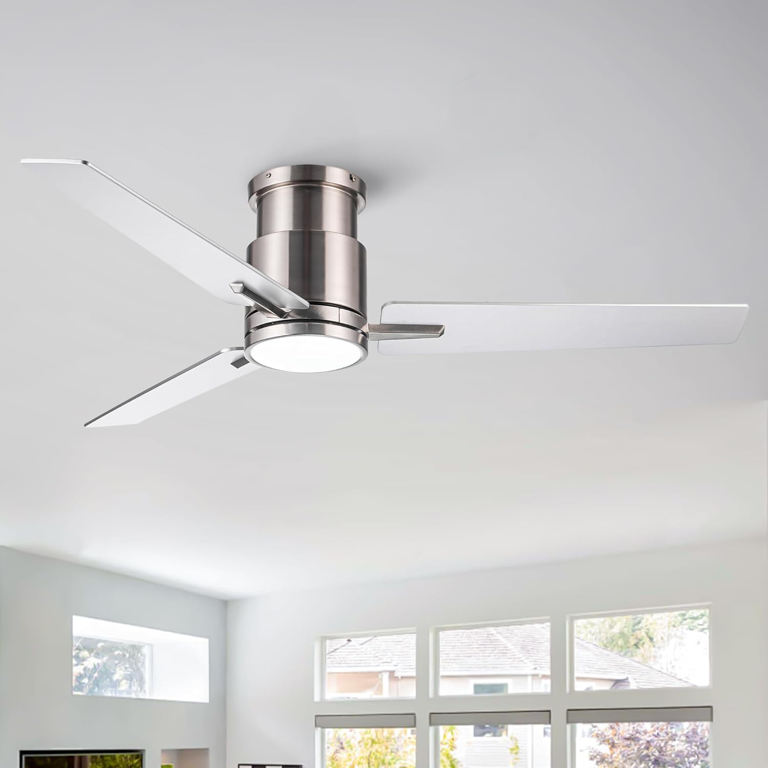 52" Brushed Nickel Low Profile Ceiling Fan with Light, LED Dimmable, Timing, Dining Room, Brushed Finish, 6 Wind Speeds