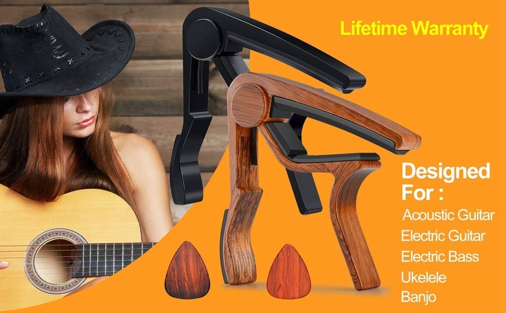 MOREYES Guitar Capo 2 Pack, Guitar Capos for Acoustic and Electric Guitar, Ukelele, Bass, Banjo with Guitar Picks(1Rosewood+1 Black)