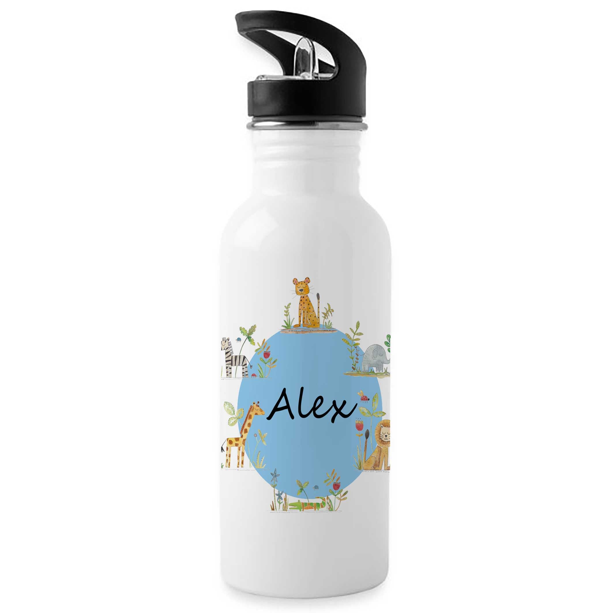 Tigerlilyprints Personalised Boys Water Bottle 500ml with Straw Lid – Custom Name Aluminium Drinks Bottle – Kids School Sports Gym Outdoor Football Design – Birthday Gift for Boys UK (junglecircle) — image 1