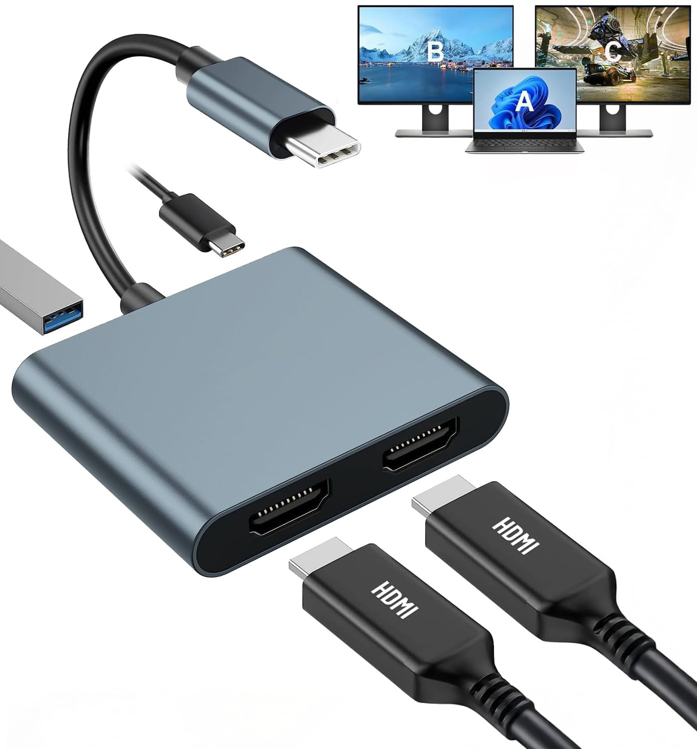 Amazon | USB C to HDMI 4K x2 変換アダプタ ハブ 4in1 | USB2.0対応