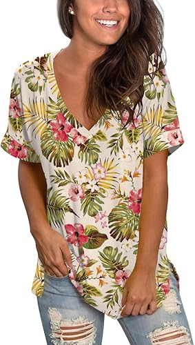 SAMPEEL - Camisetas casuales de verano con cuello en V para mujer, de manga corta enrollada, con abertura lateral, ajuste holgado