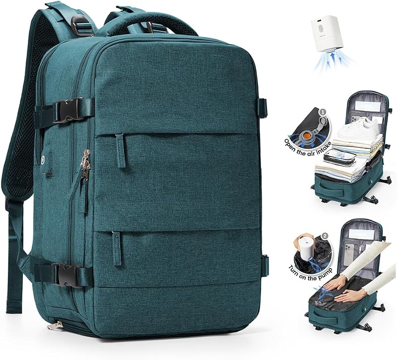 Rucsac de voiaj unisex cu vacuum SZLX, compatibil Wizz Air 40x30x20 cm, Ryanair 40x20x25 cm, EasyJet 45x36x20 cm, cu compartiment pentru laptop de 14 inchi și compartiment pentru încălțăminte