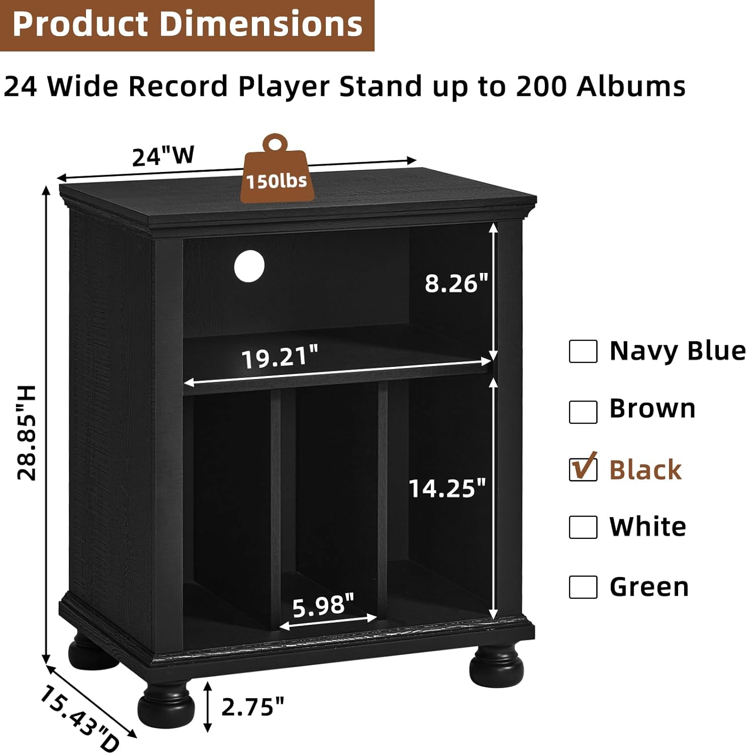 Joaxswe Record Player Stand with Vinyl Record Storage, 24" Wide Mid-Century Record Player Table Up to 200 Albums,Large Wood Turntable Stand Cabinet Dispaly Shelf for Living Room,Bedroom,Black