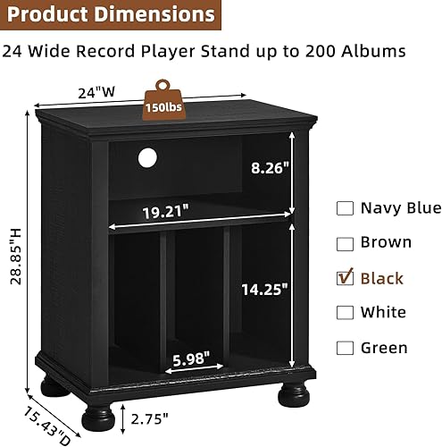 Miniatura 2 de Soporte para tocadiscos con almacenamiento de discos de vinilo, mesa de tocadiscos de mediados de siglo de 24 pulgadas de ancho hasta 200 álbumes,