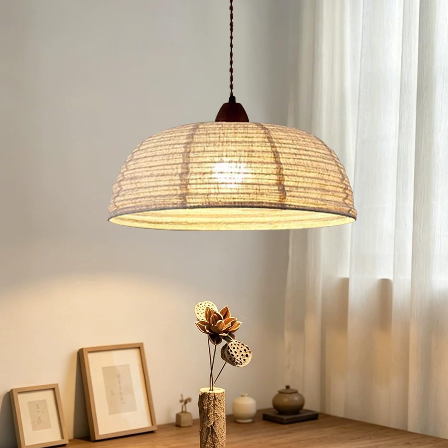 Wiszaca Lampa Vintage Bohemian Z Sznura Konopnego, Żyrandol Sufitowy E27 W Stylu Wiejskim Z Naturalnym Kloszem Lnianym Do Kuchni Jadalni Salonu Sypialni Kawiarni Baru,40cm
