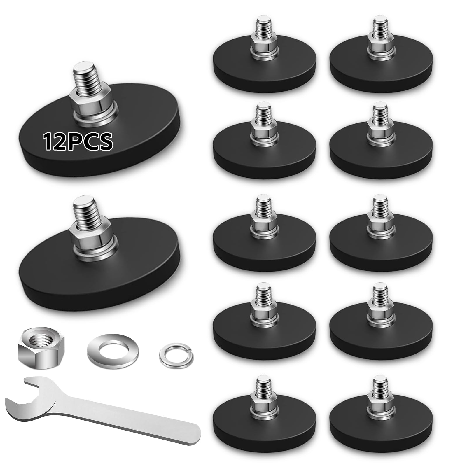 12Pack Rubber Coated Magnets, 30LBS Strong Adhesive Power Neodymium Magnet, Anti-Scratch Magnetic Base with M6 Threaded Stud and Wrench, Magnet with