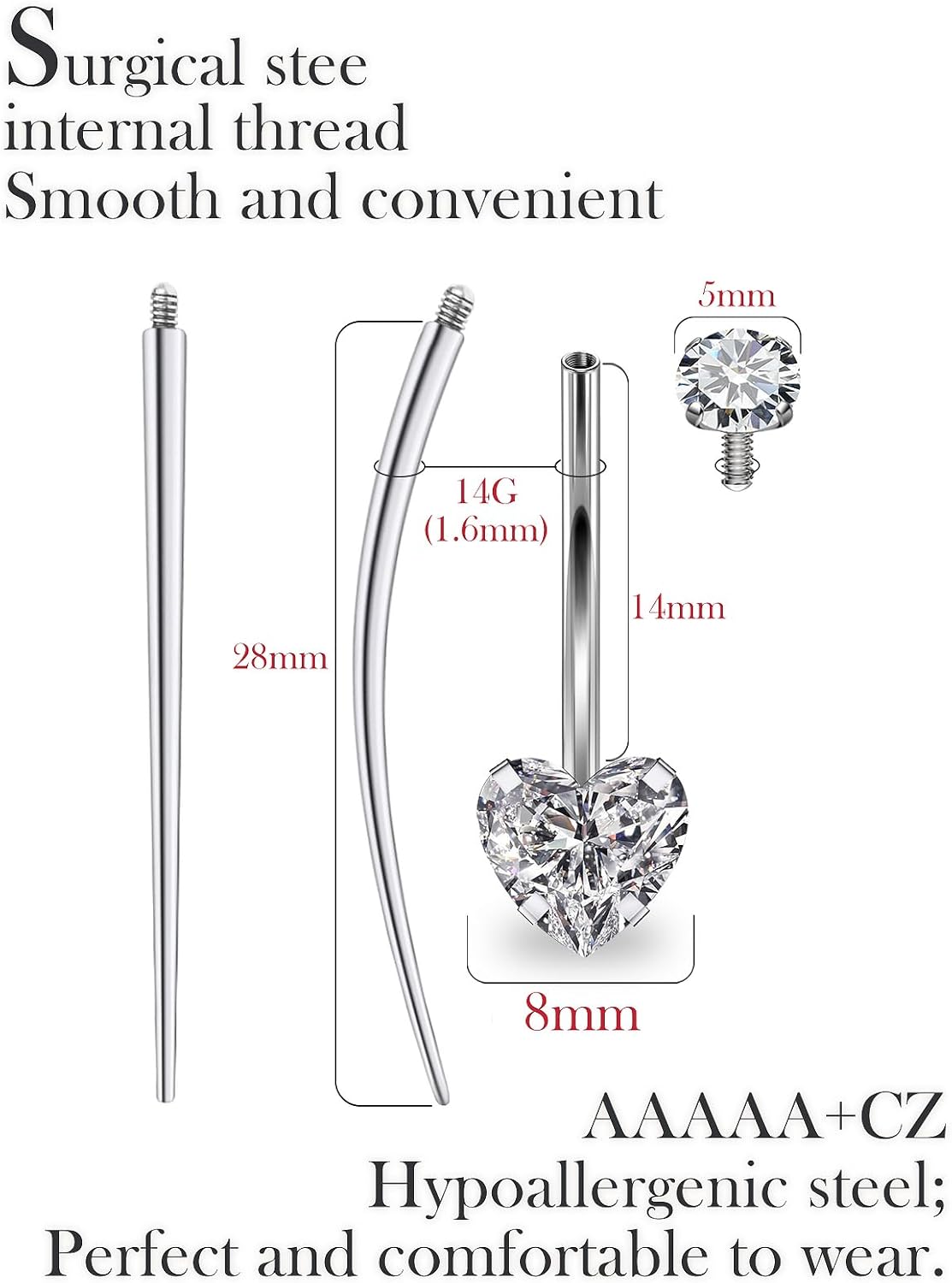 Extra-Long & Long Belly Button Rings Surgical Stee Internal Threaded Belly Rings, 14G Belly Piercing Jewelry,Navel Piercing Jewelry for Women Men 14Mm 1 pair heart cubic zircon-14mm - Image 2