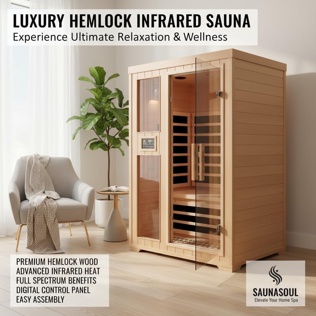 2-Person Infrared Sauna, Indoor Home Sauna Room Hemlock Wood Sauna Low EMF Far Infrared Heating with Tempered Glass Door Bluetooth Speakers, Chromotherapy Lights for Family（110V, 1850W）Truck delivery