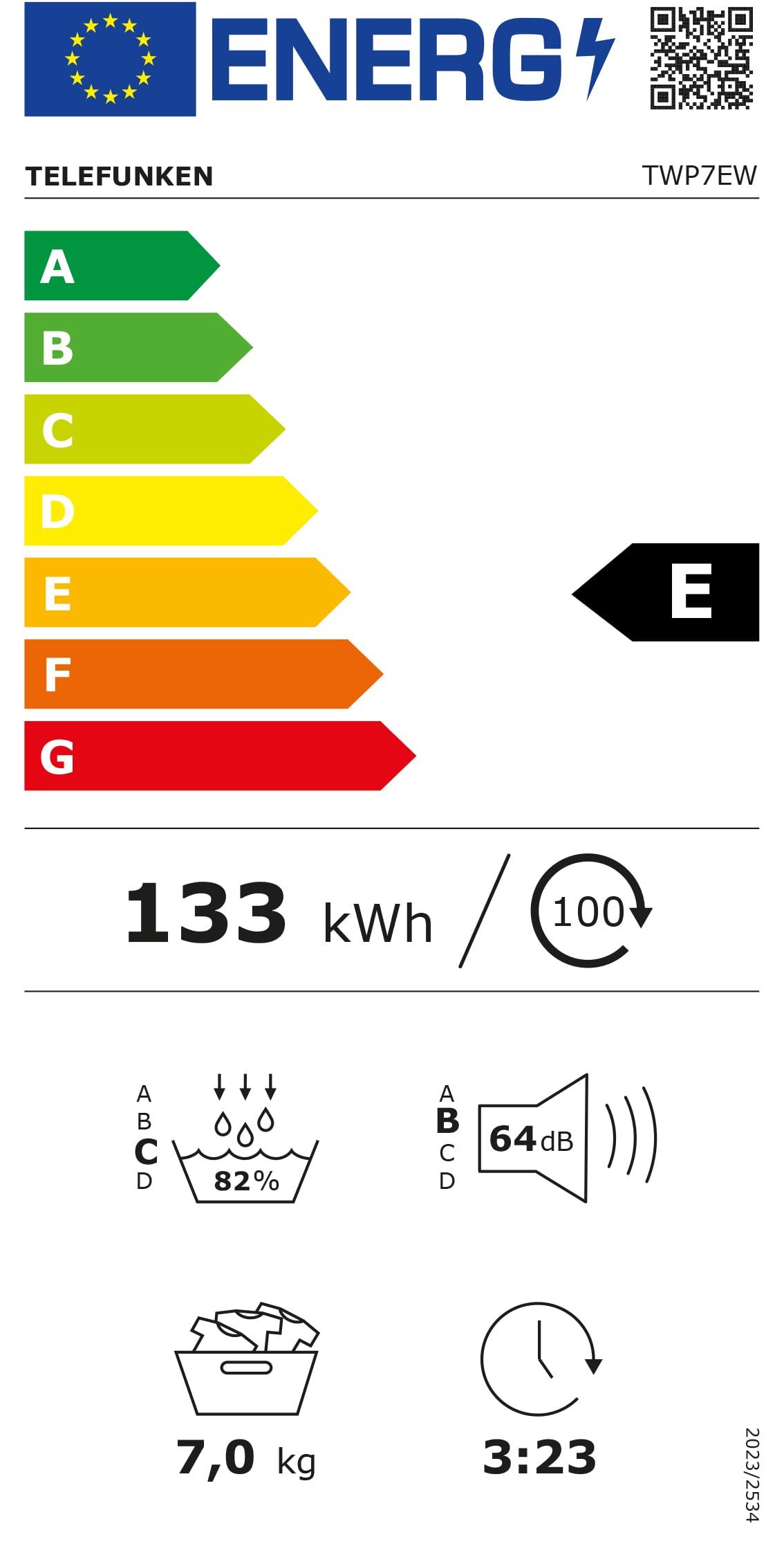 Telefunken Wärmepumpentrockner für 7 kg Wäsche, Trockner Frontlader, Wäschetrockner mit Knitterschutz und Startzeitvorwahl, Energiesparend, leise 64 dB, 15 Programme, Trommelbeleuchtung, TWP7EW
