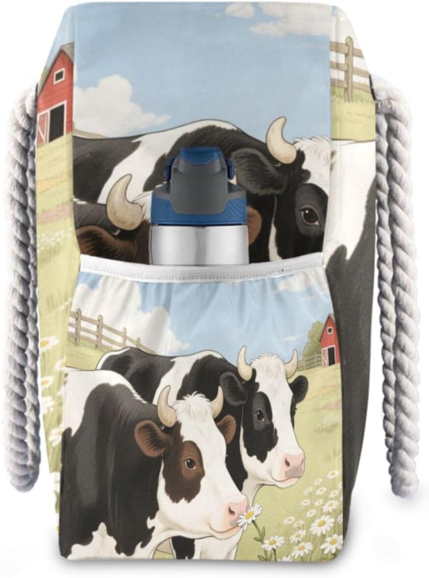 OTVEE Cows and Chamomiles Pattern Beach Bags for Women Ladies Large Canvas Tote Shoulder Bag Waterproof Travel Bags for Gym Swim Pool Camping