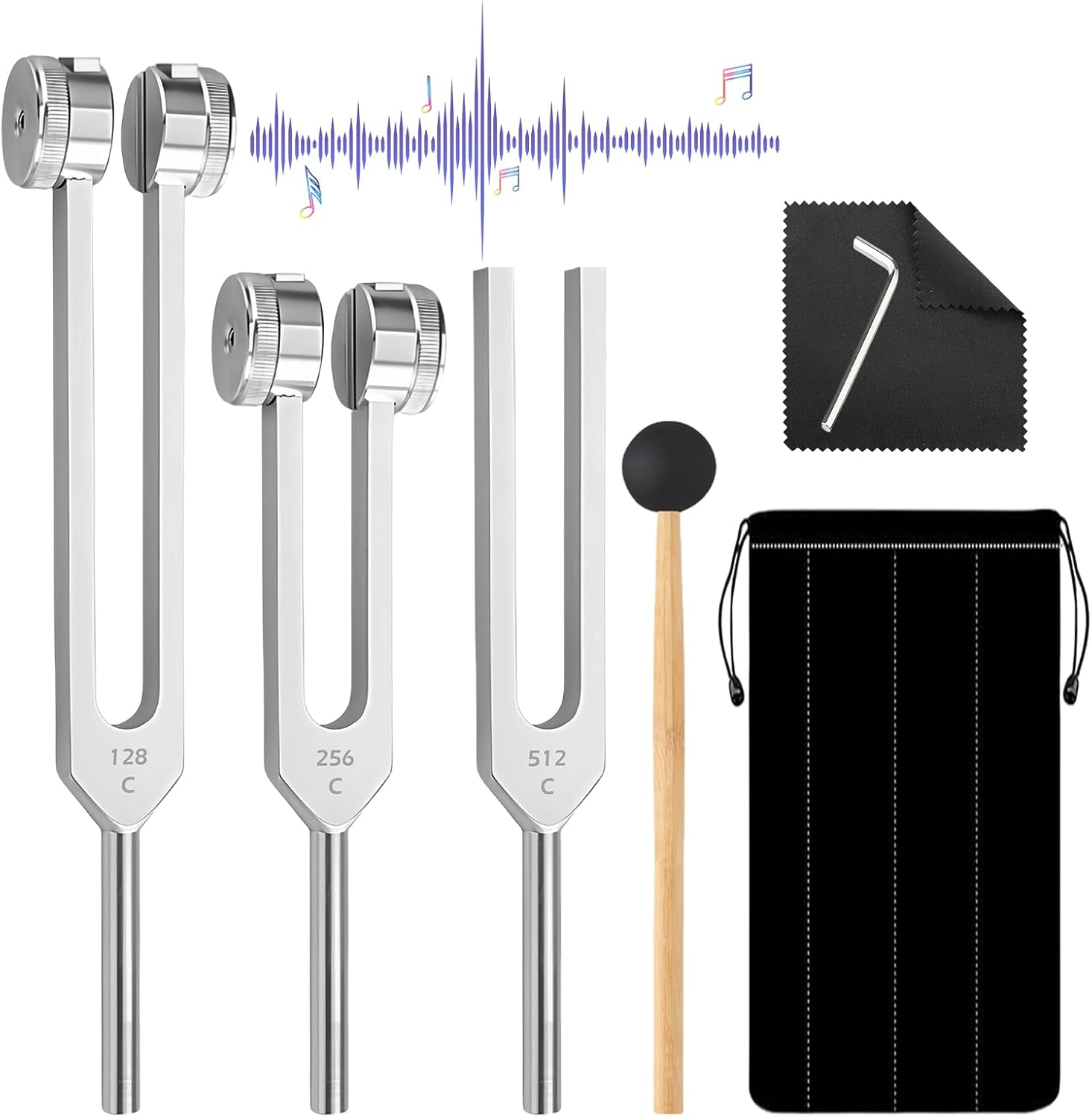 Tuning Fork Set, 3 Pieces 128 Hz 256 Hz 512 Hz Tuning Fork Hammer Set, Portable Tuning Fork with Beater, Fabric Bag, Tuning Fork Aluminium Alloy for Meditation, Yoga, Sound Therapy Weighted