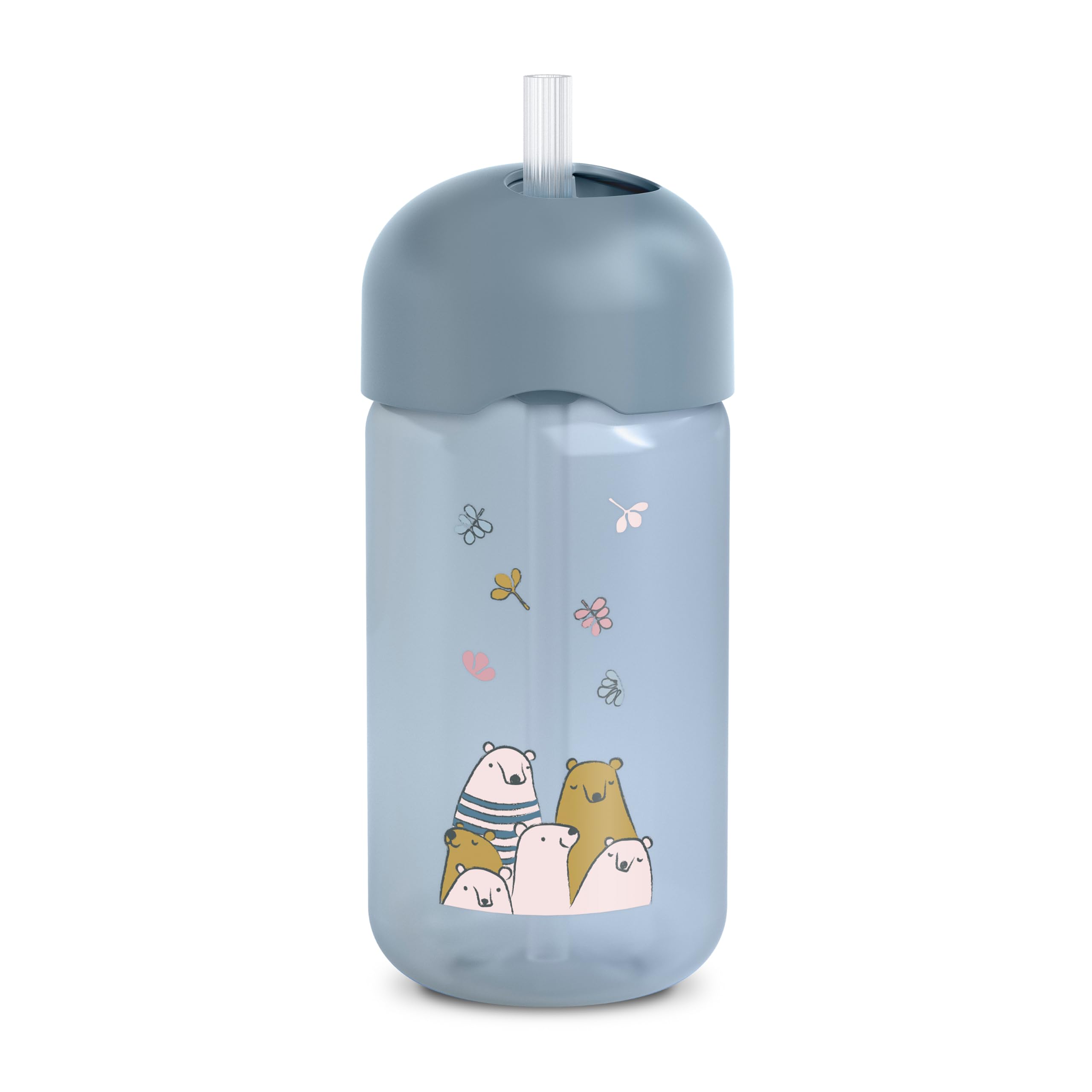 Suavinex, Tazza didattica per bambini con cannuccia in silicone morbida e flessibile, antigoccia e antimacchia, lavabile in lavastoviglie, con tappo, 340 ml, bimbi +18 mesi, My Family Blu