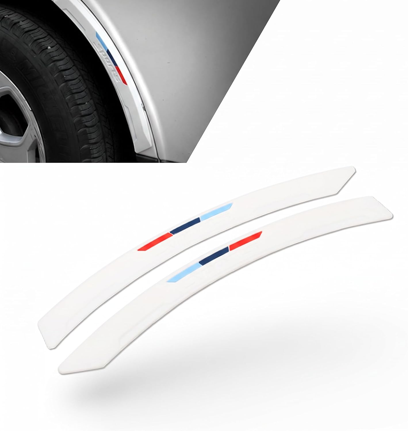 2 PCS Car Wheel Eyebrow Protectors, Silicone Anti-scratch Side Fender Arch Sticker, Three-color Stripe Sporty Decorative Trim, Self-adhesive Exterior Accessory for Car SUV Truck (White)