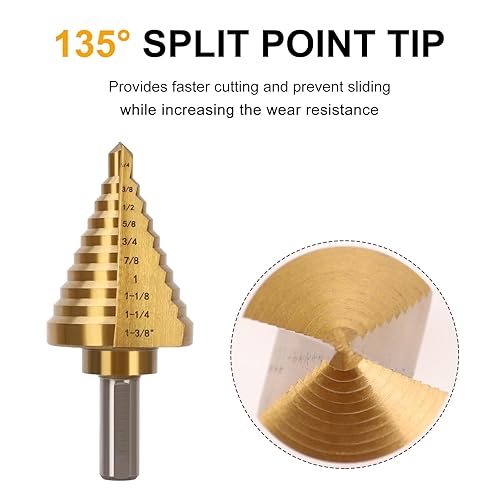 Miniatura 4 de Broca de titanio con 10 tamaños, brocas de acero de alta velocidad de 14 a 1-38 pulgadas para corte de perforación de agujeros de chapa, agujero HSS