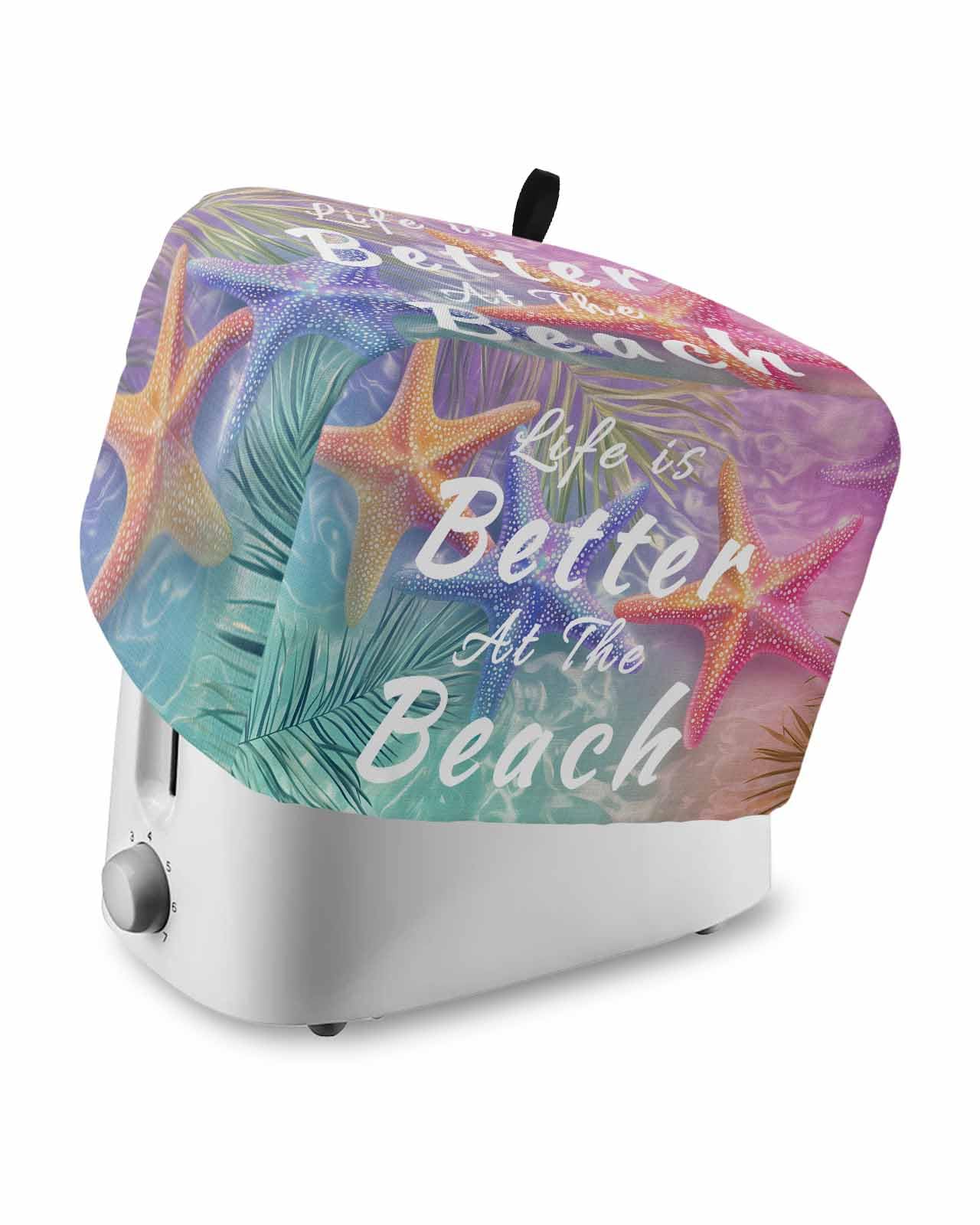 Summer Beach Starfish Toaster Cover 2 Slice, Vintage Romantic Palm Leaves Dustproof Bread Machine Oven Cover with Storage Pockets, Fits Most Kitchen Toasters Protector