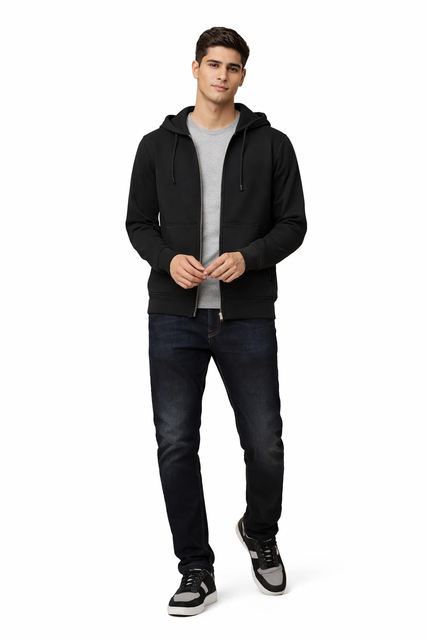 crazy sparkles Men's Solid Black Zipper Jacket | Full-Zip Cotton Blend Sweatshirt with Pockets & Adjustable Hood | Lightweight Casual Winter Wear-picture-38