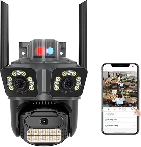 Cámara de seguridad WiFi para exteriores con 3 lentes, seguimiento automático de 6 MP, cobertura de 360, detección de movimiento AI, visión nocturna