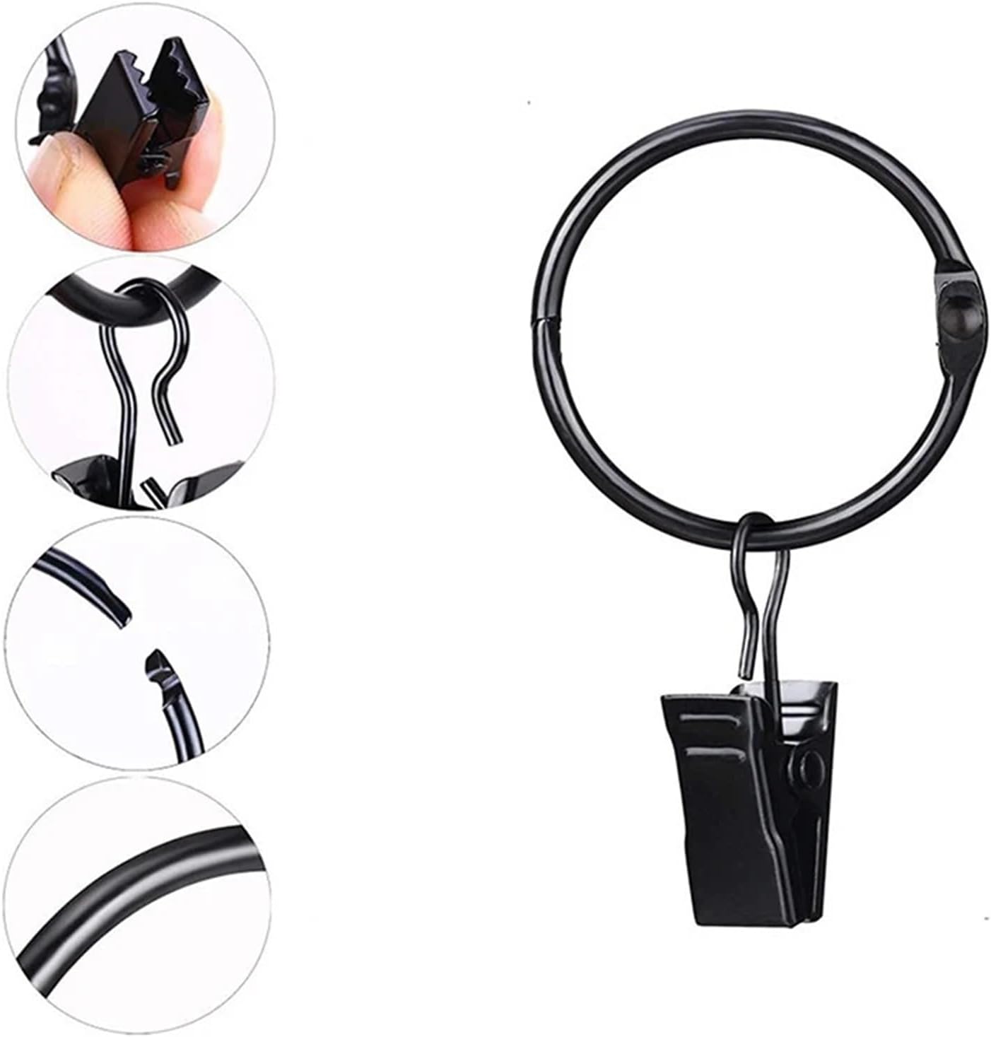 Versatile 50Pcs Curtain Rings with Clips Metal Hooks Hangers Black Drapery with Accessories(A)