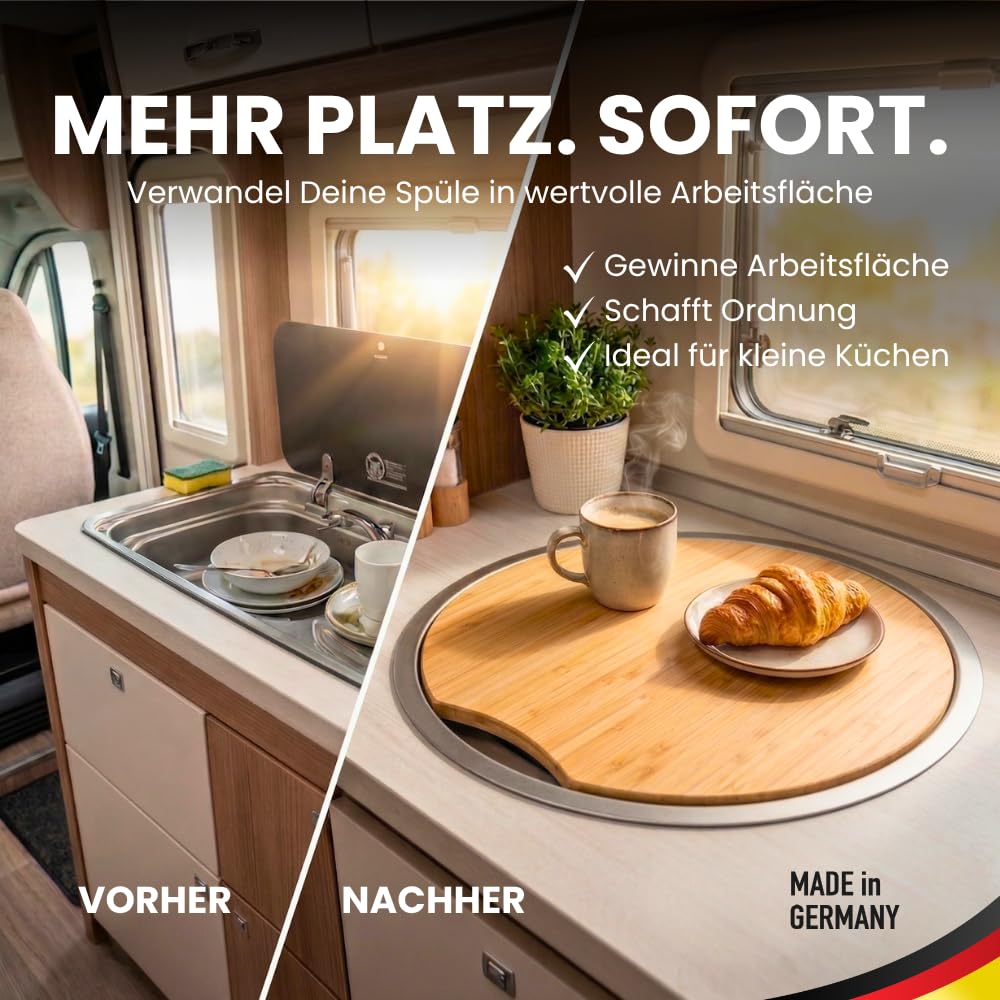 Spülabdeckung mit Schneidebrettfunktion für Wohnmobile, Wohnwagen | Schneidebrett Camping | Spülenabdeckung Camping aus Bambus