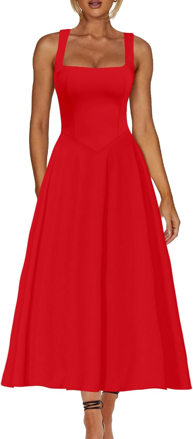 Kaximil Women's Square Neck Sleeveless A Line Maxi Dress Smocked Ruffle Flowy Casual Long Dresses